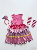 Girls candy themed costume set, tiered sleeveless dress with striped arm sleeves and matching lollipop headband. Bright colorful print, cute sweet style for carnival & birthday dress-up.