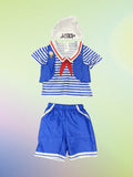 Girls' Nautical 4pcs Set Includes a Blue Striped Top, Vest, Blue Shorts, And a White Printed Hat. Features Classic Blue And White Sailor Stripes with a Red Bow Accent. The Vest And Headband Design Enhance The Uniform'S Professional Look