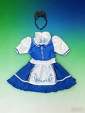 Girls blue maid style costume dress with matching bow headband. Adorable apron & lace decor design. Suitable for theme park visits, Halloween, birthday parties and kids fantasy role-play.